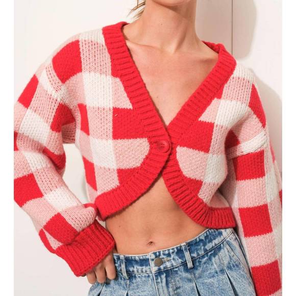 NEW PRETTY GARBAGE picnic cardigan in red multi - Picture 1 of 4